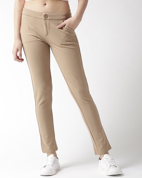 Mango button detail faux leather slim trousers in beige | ASOS