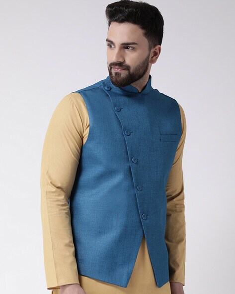 Blue Geometric nehru jacket by Armen | The Secret Label