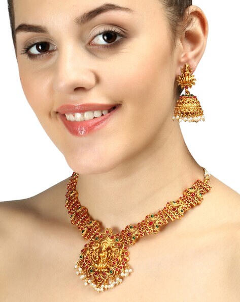 22K Yellow Gold Antique Necklace & Jhumki Earrings Set W/ Laxmi Pendan –  Virani Jewelers