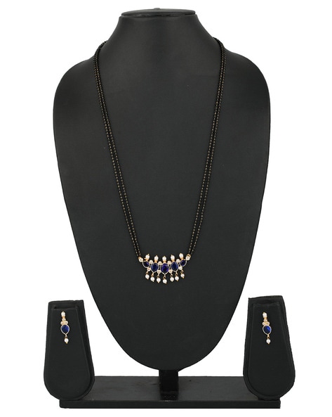 Gold Plated Indian Traditional Mangalsutra Black Beads Necklace CZ Jewelry  Set