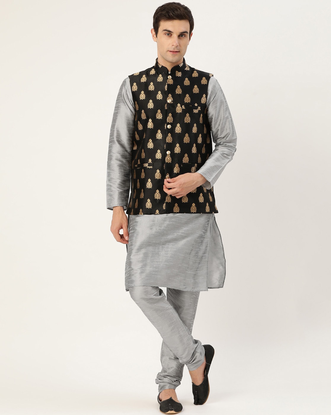 White and Turquoise Jodhpuri Three Piece Suit with Brocaded Inner Jacket |  Exotic India Art