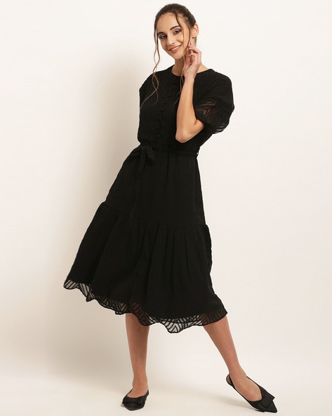 Panelled A-line Dress with Waist Tie-up