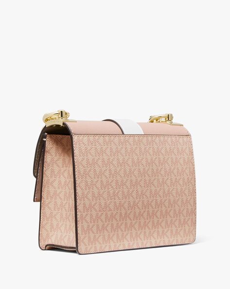 Michael Kors Cream / Light Pink Greenwich Small Color-Block Logo Print  Canvas and Saffiano Leather Crossbody Bag with Chain Strap - Women's Bag