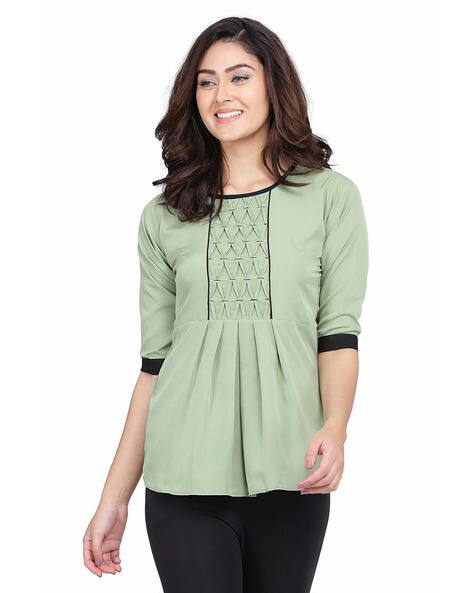 Round-Neck Top with Pleated Detail 