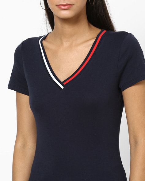 TOMMY HILFIGER Womens Navy Short Sleeve V Neck T-Shirt S 