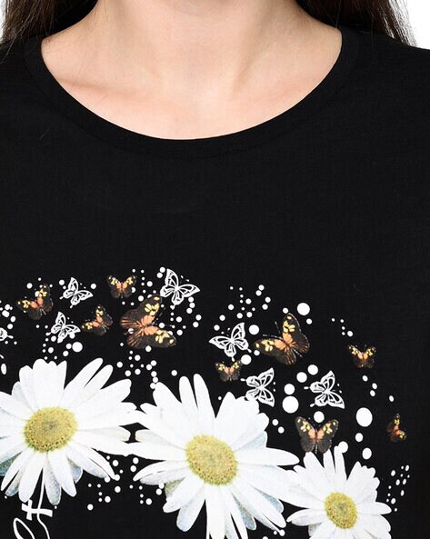 Lucky Brand womens Short Sleeve Crew Neck Embroidered Daisy Tee T