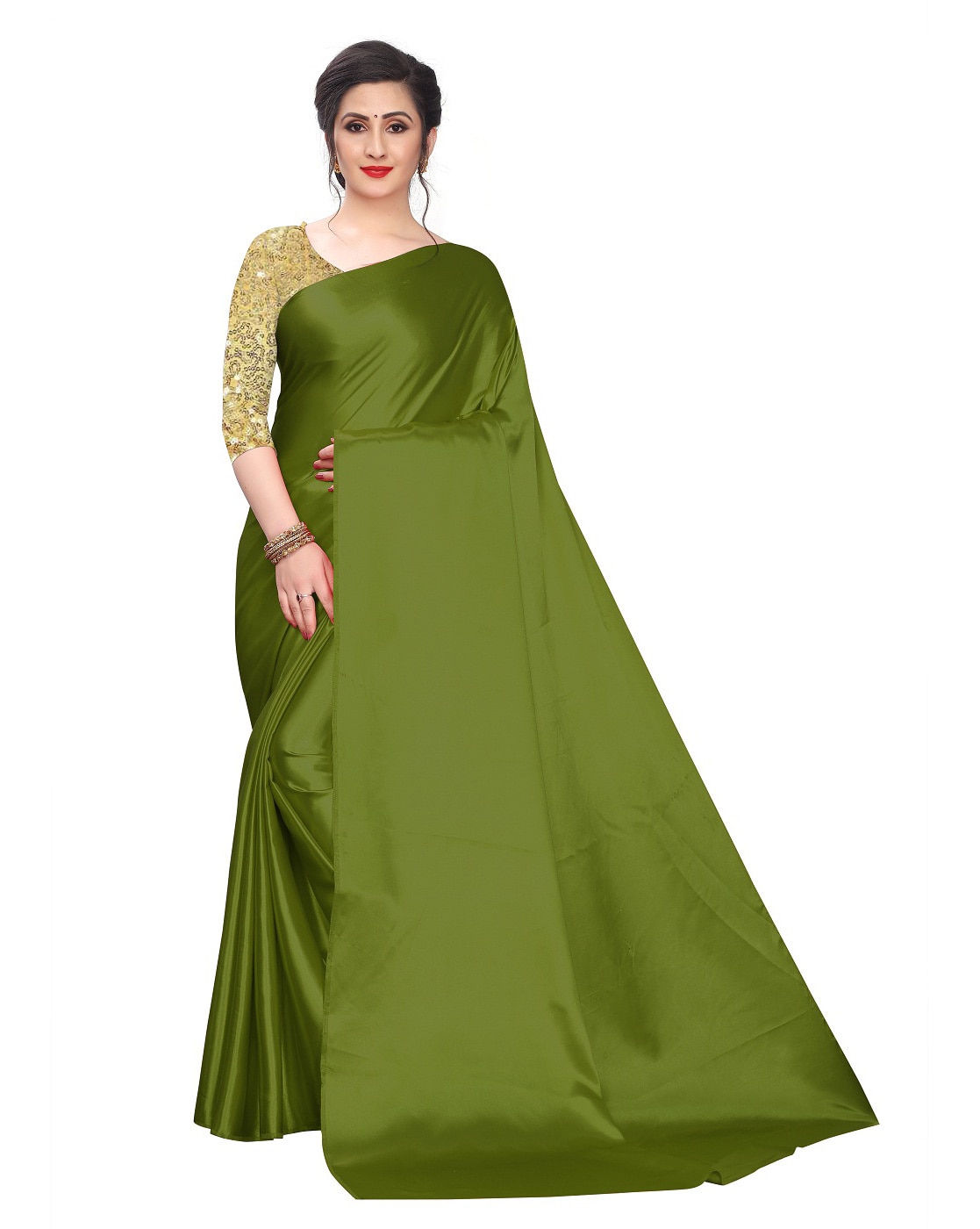 Buy Olive Green Thread Work Satin Chiffon Saree Online