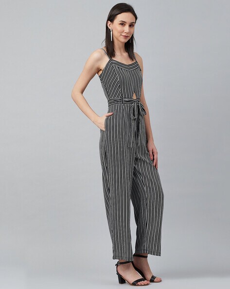 Striped Sleeveless Jumpsuit with Waist Tie-up