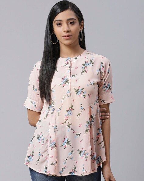Floral Print Cuffed Sleeves Tunic