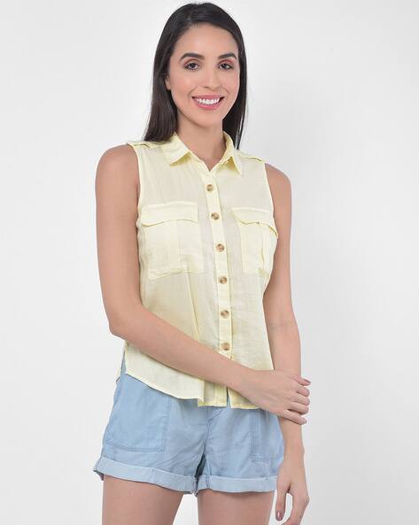 yellow button up blouse