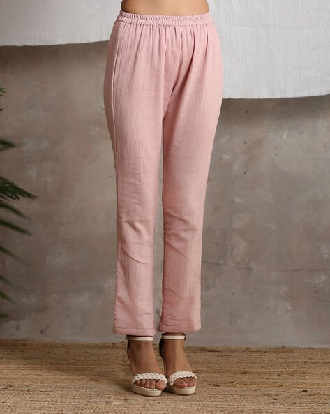 Buy Peach Pink Solid Slim Pants Online - W for Woman