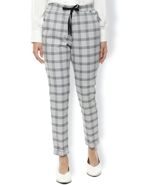 Women's Pants Houndstooth Print Button Detail Pants Pant for Women (Color :  Black and White, Size : Large) at Amazon Women's Clothing store
