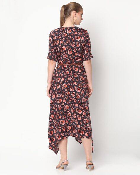 Floral Print Dress with Asymmetrical Hemline view 2