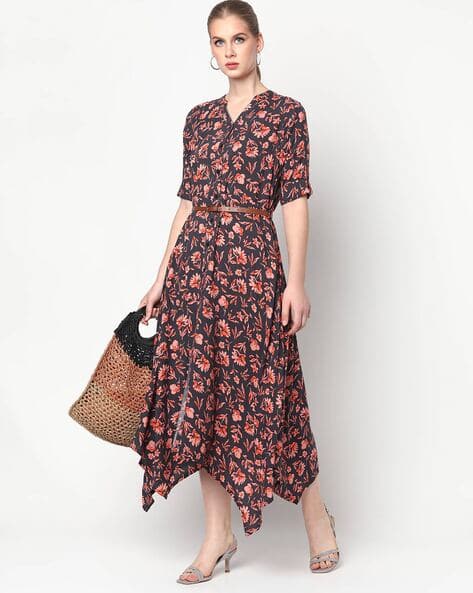Floral Print Dress with Asymmetrical Hemline