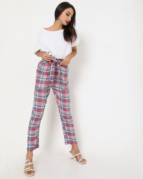 ASOS DESIGN Petite paper bag waist peg trouser in windowpane check | ASOS