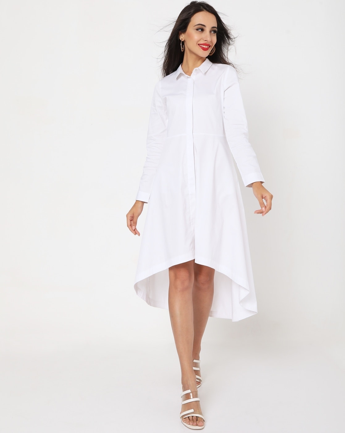 White Cotton Poplin Relaxed Shirt Dress - WOMEN Dresses | Trenery