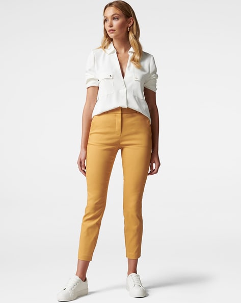 Pleated Straight Leg Trousers in Clesi Ochre – Olivia May