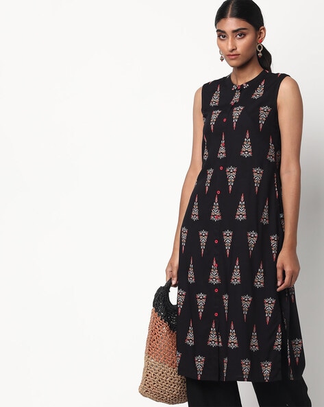 Black Embroidered Straight Floral Cotton Kurti – Pop the Label