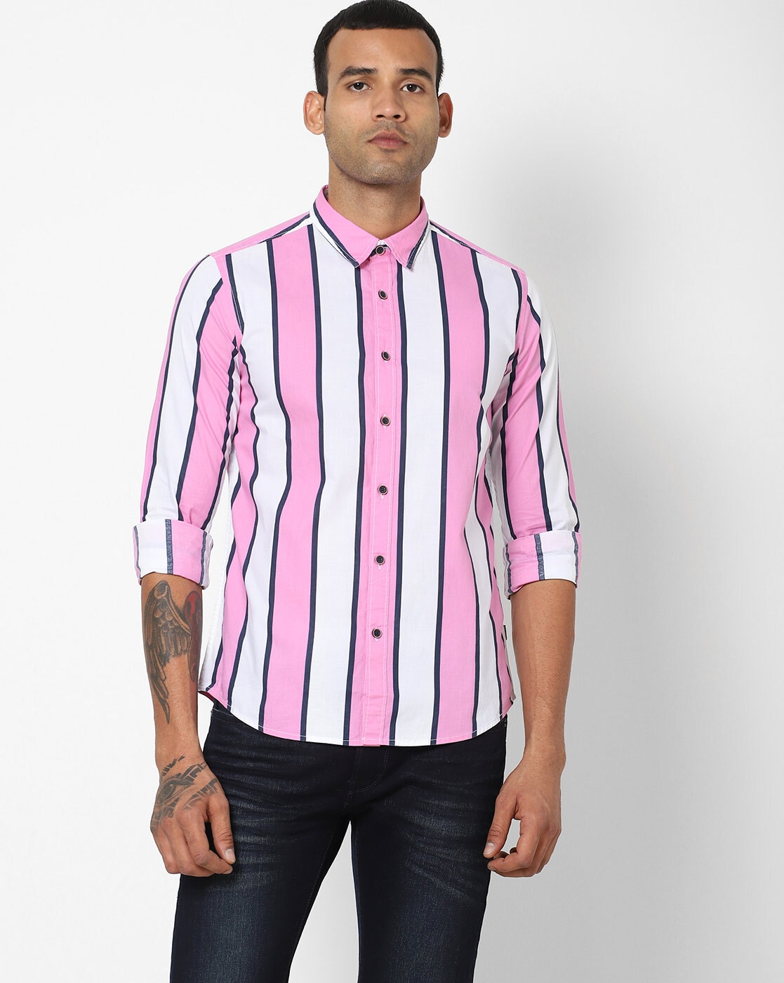 black pink striped shirt