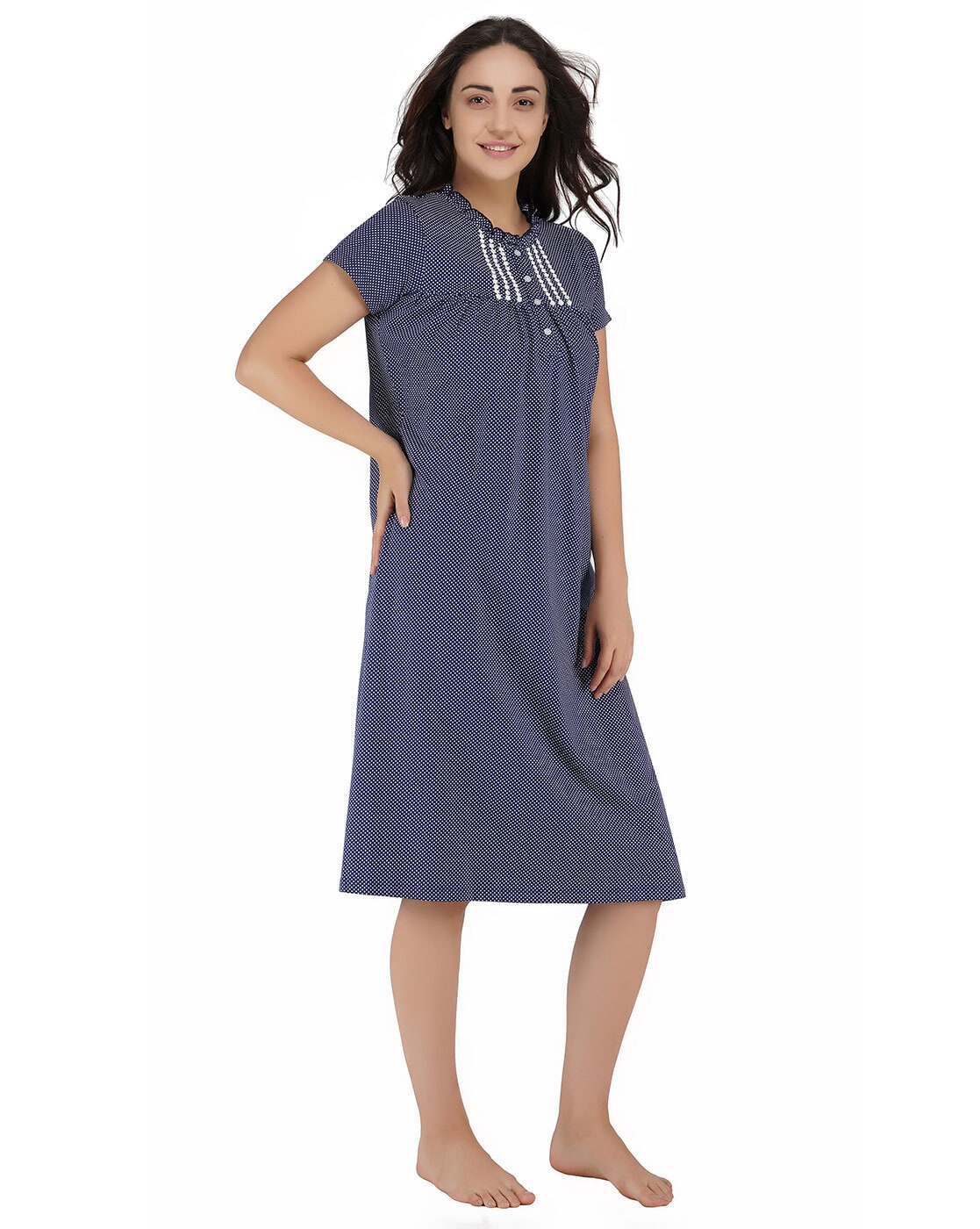 Navy Spot Nightdress with Polka Dot Edging and Bow Detail