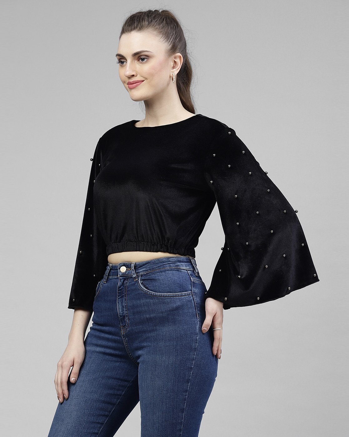 Tulla Lace Bell Sleeve Crop Top in Black