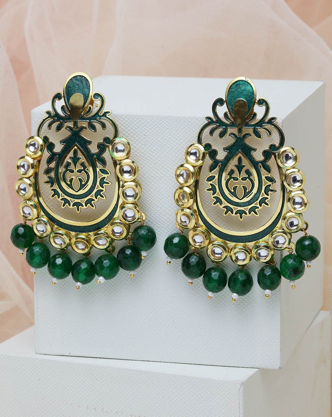 Gold tone ad rubywhitegreen stone swan south Indian earrings dj4219   dreamjwell