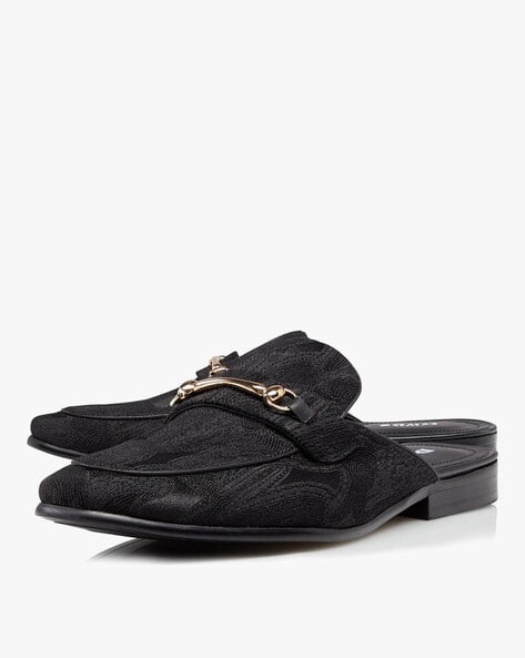 Textured Mule Loafers with Metal Accent