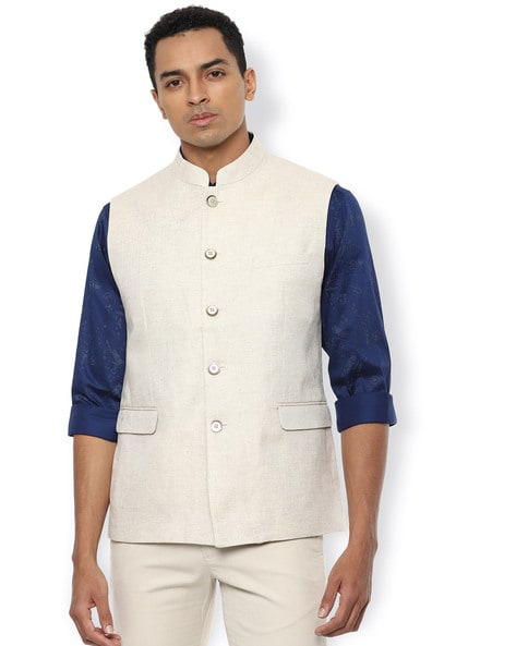 METTLE Cream Cotton Linen Regular Fit Nehru Jacket