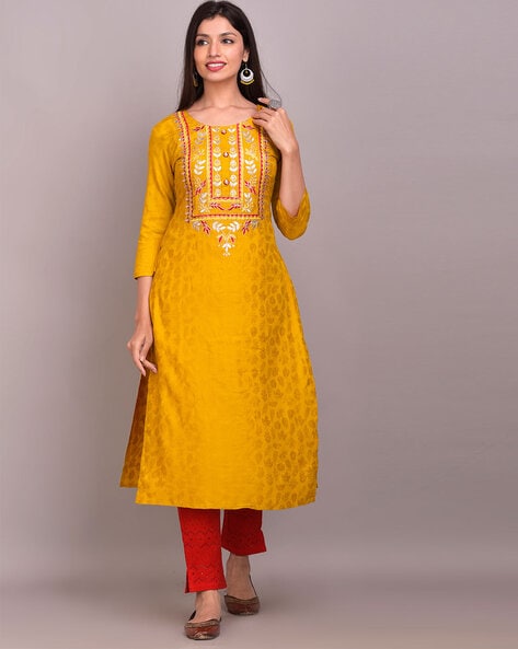 Straight Kurta with Embroidered Yoke