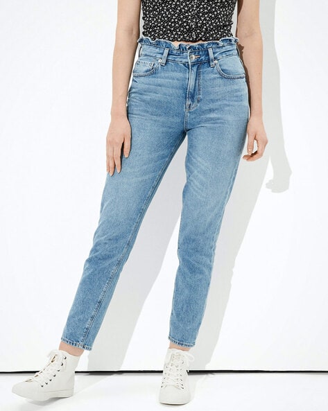 Washed Slim Fit Jeans with Ruffled Waist