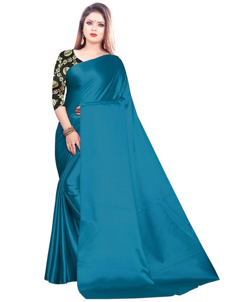 Exclusive Teal Blue Color Plain Saree With Work Blouse – Amrutamfab