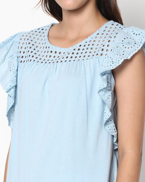 DNMX Schiffli Embroidered Top with Ruffled Sleeve
