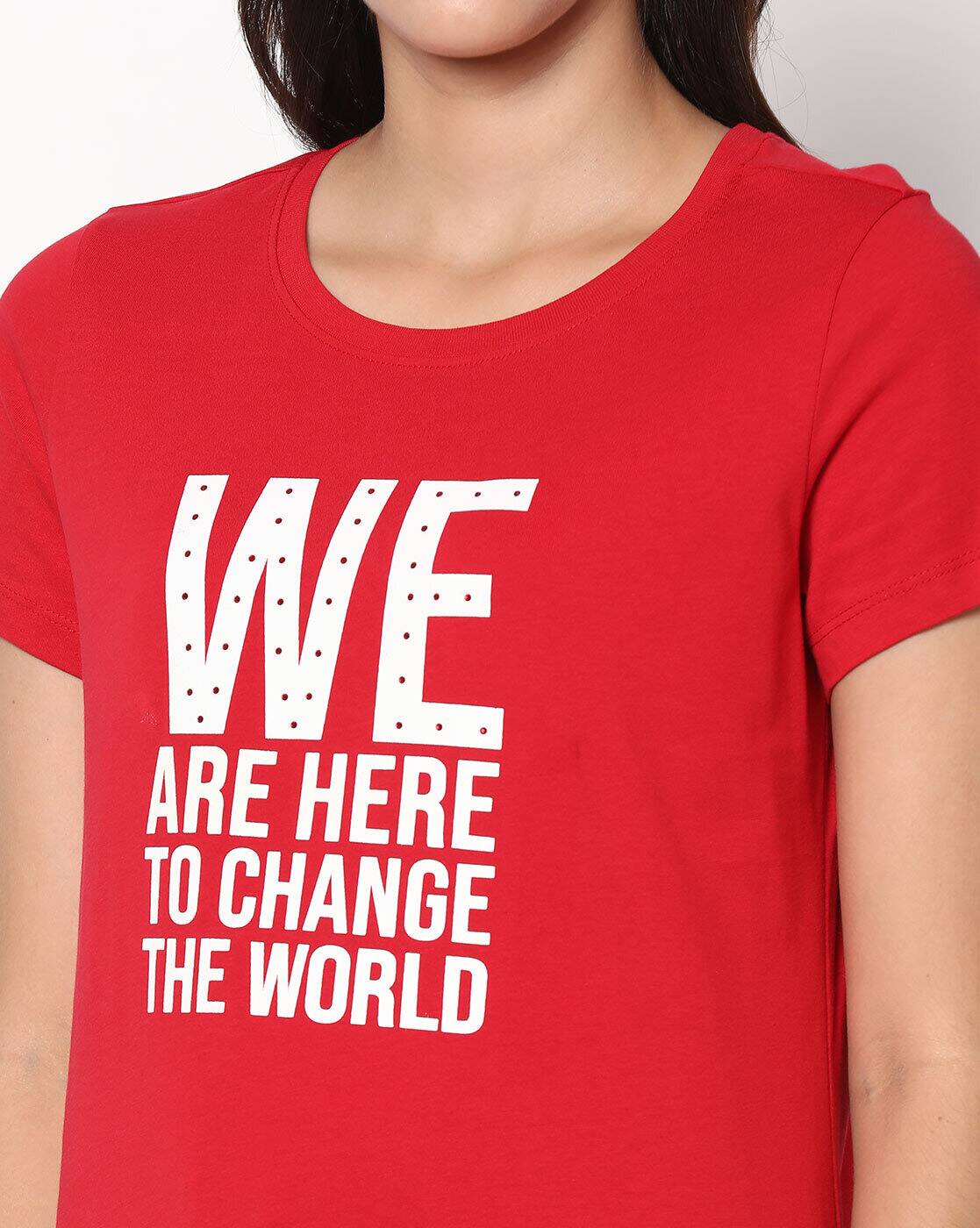 red shirt with silver print