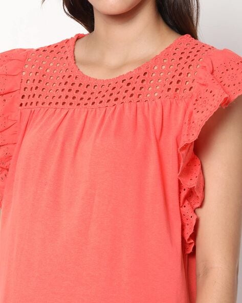 Schiffli Embroidered Top with Ruffled Sleeve