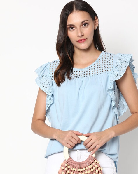 Schiffli Embroidered Top with Ruffled Sleeve
