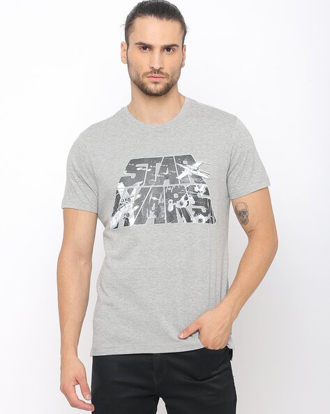 DISNEY Regular Fit Star Wars Print Crew-Neck T-Shirt For Men (Grey, S)