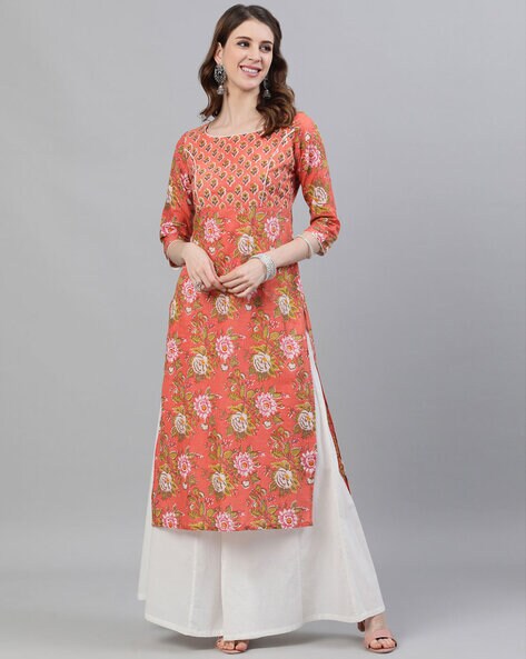 Straight Kurta with Floral Overlay
