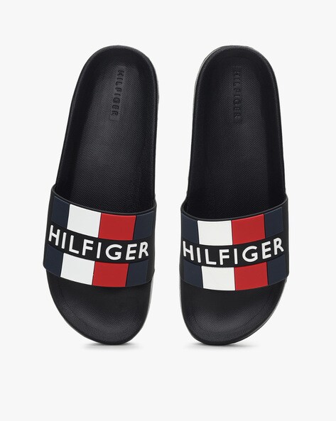 Tommy hilfiger black slides hot sale