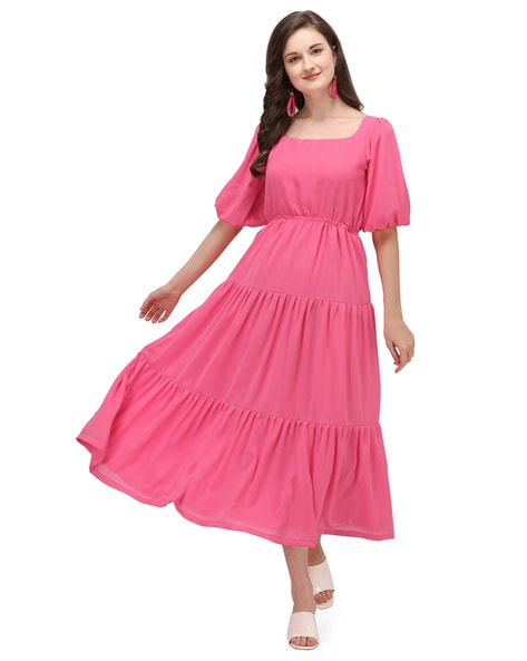 pink puff sleeve maxi dress