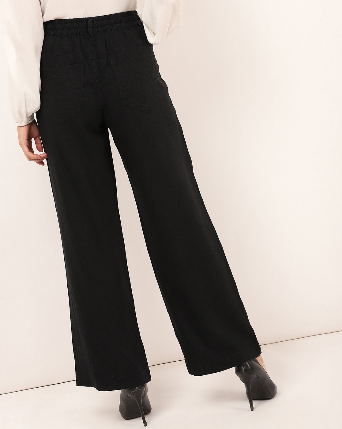 Women Black High Rise Wide Leg Straight Fit Trousers