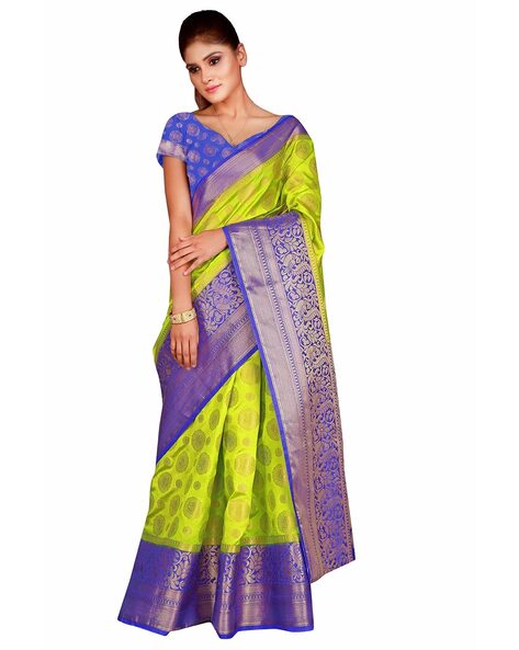 Trendy Green Colored Royal Blue Border PartyWear Pure Linen Saree