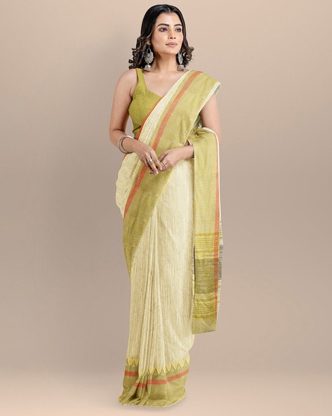 Tissue Stripes on Silk-Cotton Pure Maheshwari Saree in Off White and S –  Shobitam