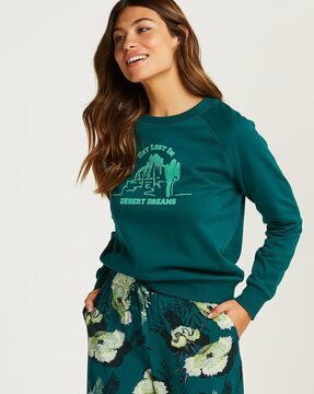 Hunkemoller Graphic Print Crew-Neck Sweatshirt For Women (Green, M)