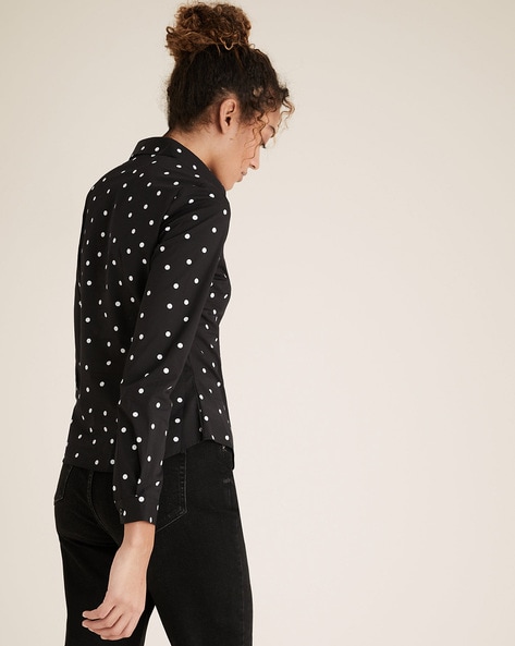 black polka dot button down shirt