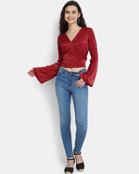 JWZUY Women's Long Sleeve Cropped Tops V Neck Ruched Drawstring