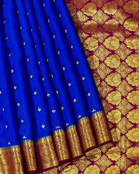 Blue Banglore Silk saree with all-over floral buttas, contrast thazampoo  border & zari rich pallu of intricate designs