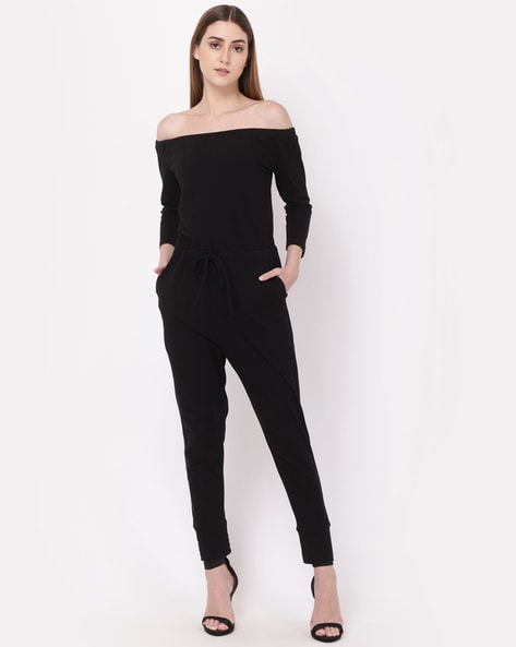 Off the shoulder store tie waist jumpsuit