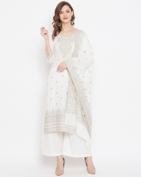 White Chanderi Silk Handwork Semi Stitched Party wear Dress material - RJ  Fashion