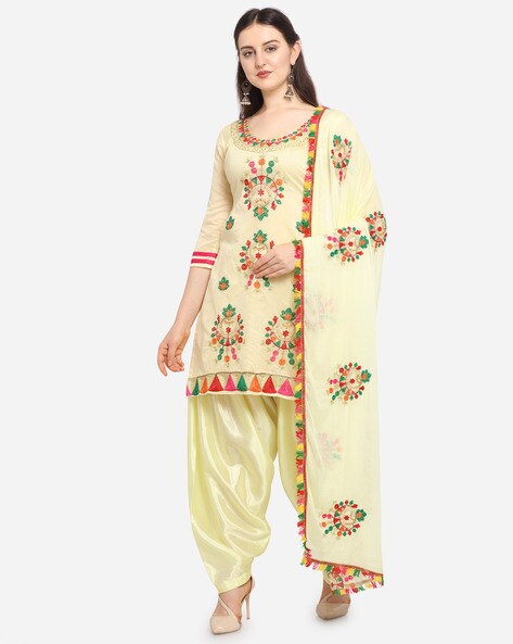 Chanderi Cotton Embroidered Unstitched Dress Material with Pom-Pom Lace Price in India
