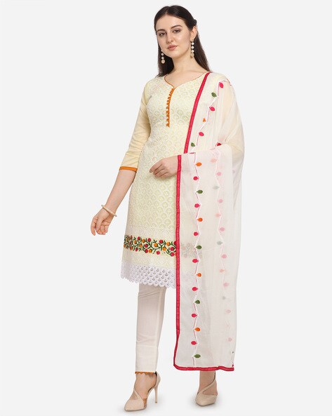 Chanderi Cotton Lucknowi Chikankari Embroidered Unstitched Dress Material Price in India